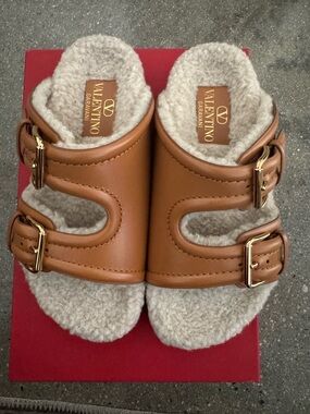Valentino Garavani Brown Leather Shearling Buckle Sandals